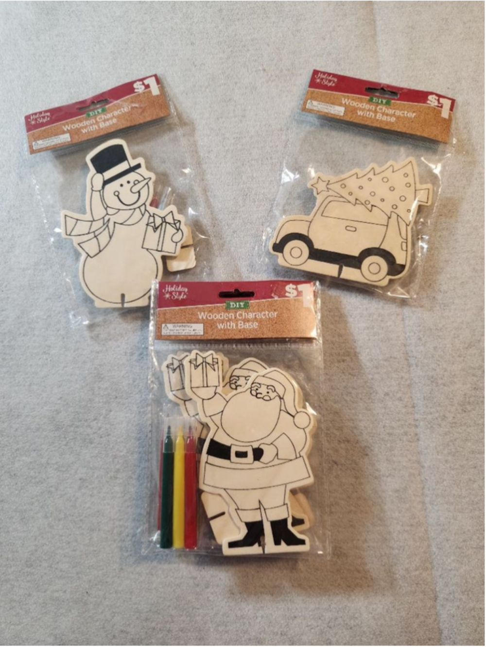 6 pack of Various Holiday Style Arts & Craft Wooden Coloring Character & Markers